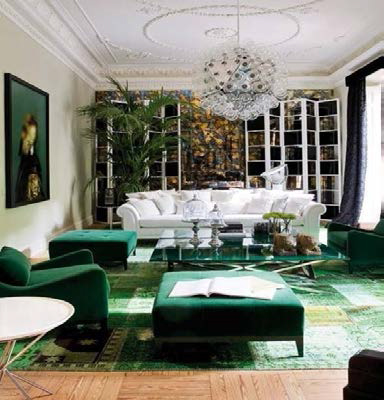 Adding Emerald colored curtains and artwork are a great way to add a splash of color to a neutral color scheme.